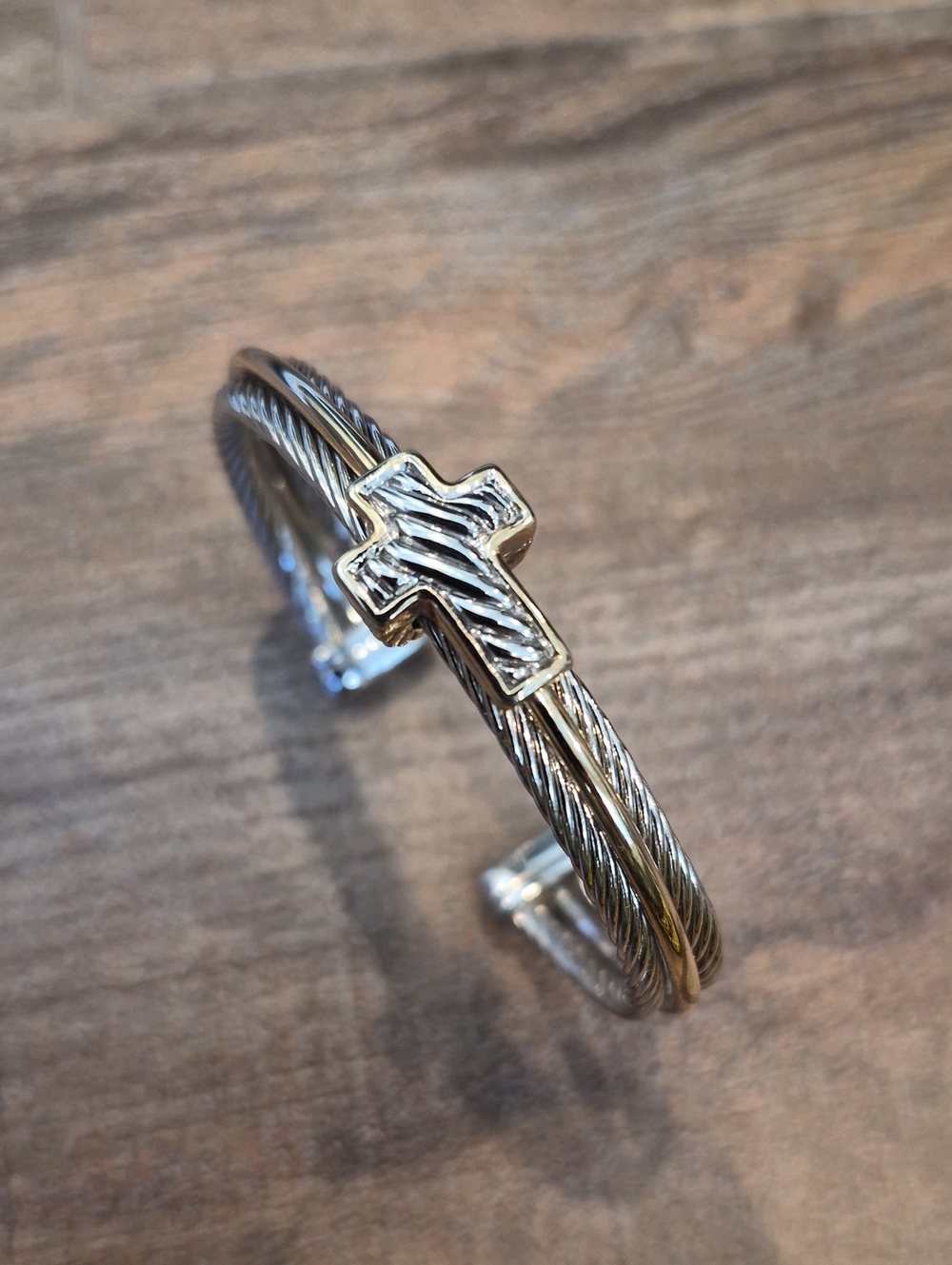 Non-Magnetic Silver & Gold Tone Twisted Metal Cross Detail Cuff Bracelet